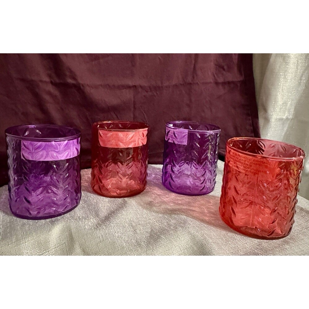 Set of 4 Chevron Ribbed Textured Glass Votive Candle Holders (2)Red & (2)Purple